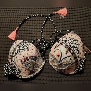 Patterned Bikini Top with Pink and Black Accents